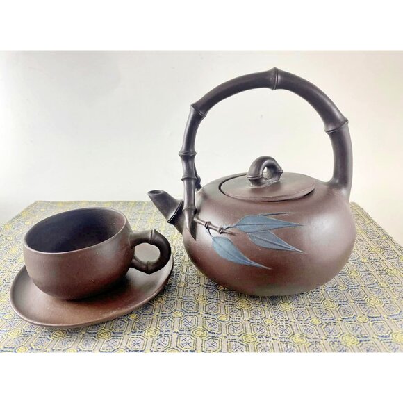 Vintage Chinese Yixing Zisha Clay Bamboo Teapot Set With 6 Cups & Saucers Origin - Picture 3 of 10